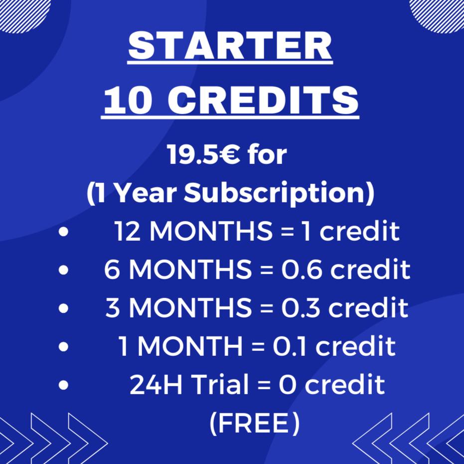 Promotional graphic for Starter plan with 10 credits on a blue background